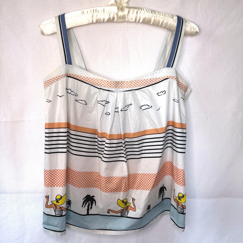 Paul & Joe Paris Cotton Beach Scene Camisole Top White Orange Blue Size 3/M